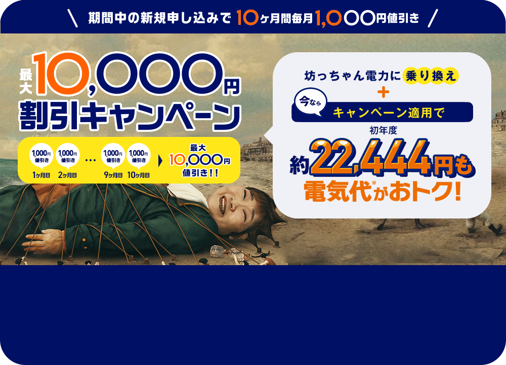 期間中の新規申し込みで最大10ヶ月間毎月1,000円値引き 最大10,000円割引キャンペーン