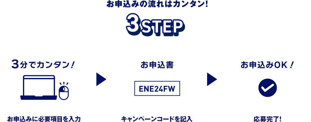 お申込みに必要項目を入力 キャンペーンコードを入力 応募完了！