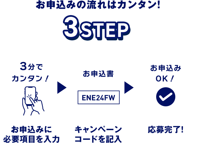 お申込みに必要項目を入力 キャンペーンコードを入力 応募完了！